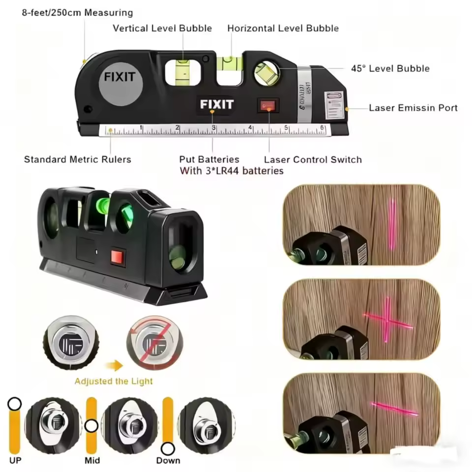 Kullanımı Kolay Lazer Seviye Çizgi Aleti Çok Amaçlı Lazer Seviye Kiti Standart Çapraz Çizgi Lazer 8 Feet Ölçüm Bandı Cetvel