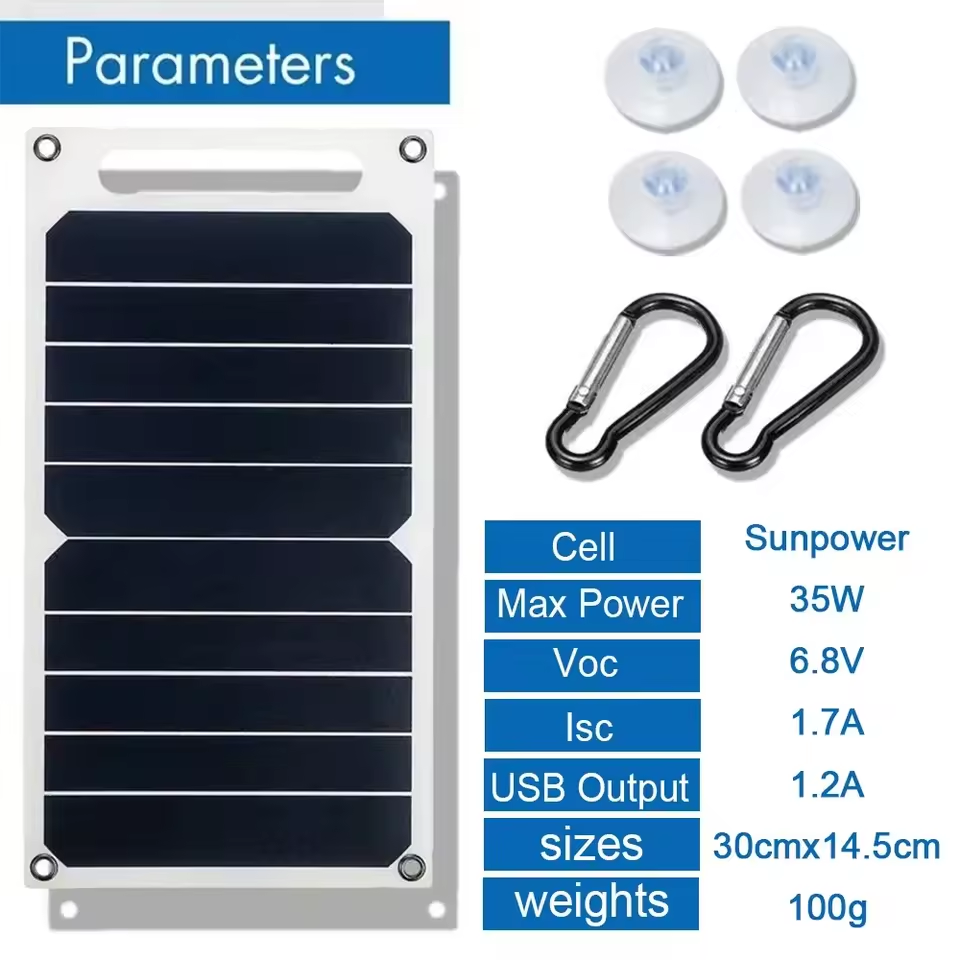 35W SunPower Taşınabilir Güneş Paneli – 5V Güneş Plakası, USB Güvenli ve Stabilize Şarj Cihazı, Power Bank, Telefon, Açık Hava, Kamp, Ev ve RV İçin